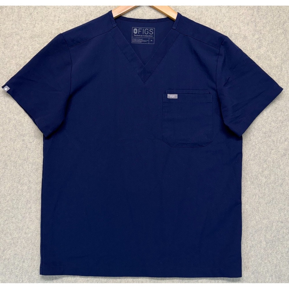 Figs Technical‎ Collection Unisex Scrub Top Navy Blue V-Neck Chest Pocket Logo M